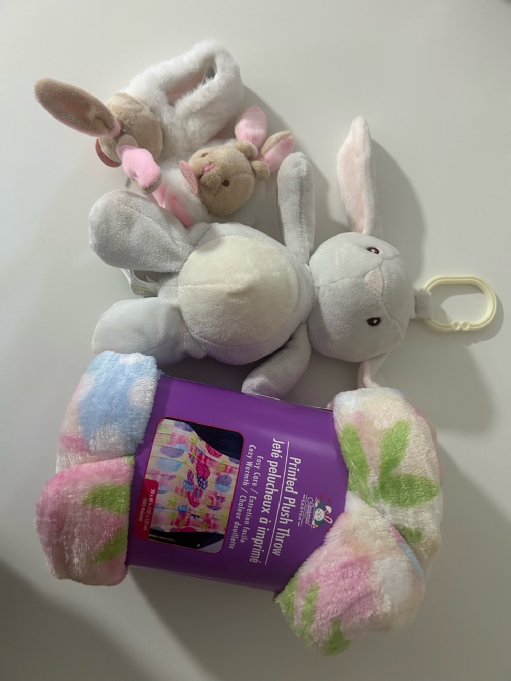 Easter Baby gift bundle Bunny stroller toy, plush blanket, jingle slippers NWOT